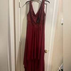 Wine colored high low dress with sequin bodice